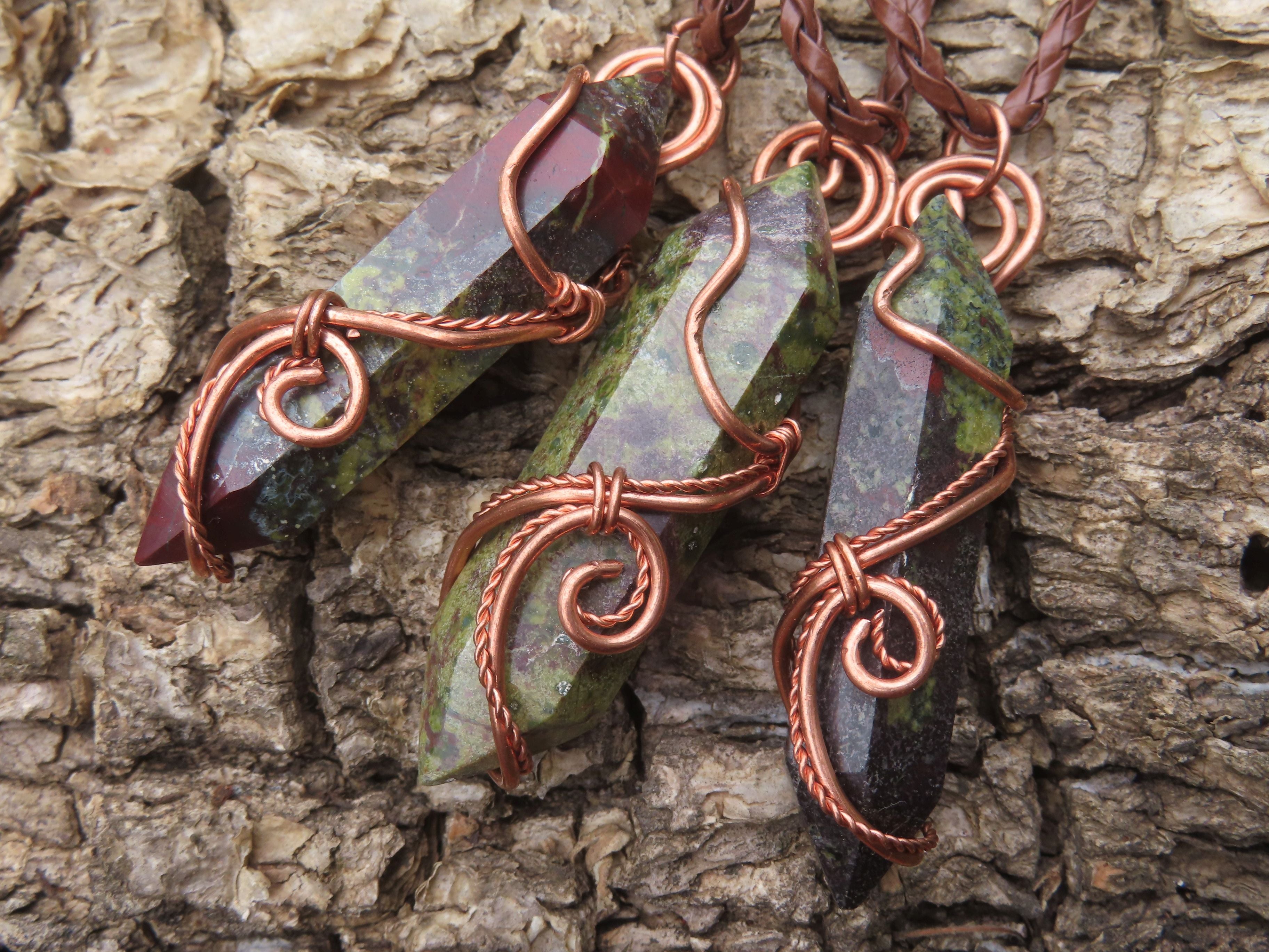 Polished Bastite (Epidote Piemontite) Dragons Blood Stone Crystals Set In Copper Art Wire Wrap Pendant - sold per piece - South Africa - TopRock