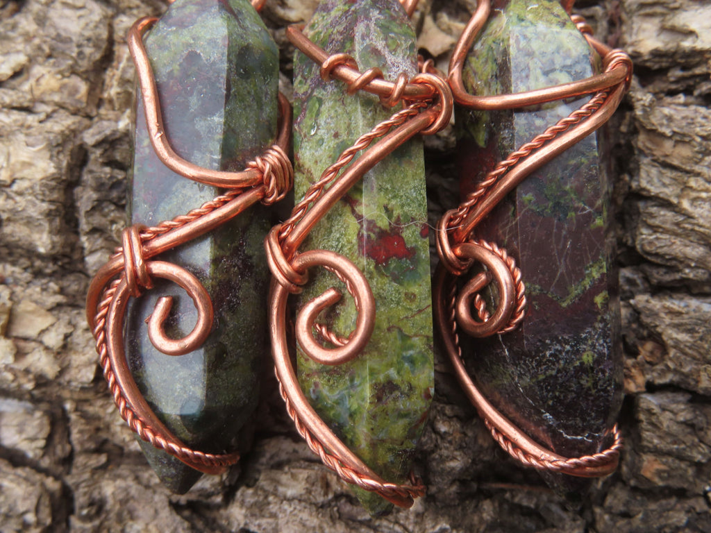 Polished Bastite (Epidote Piemontite) Dragons Blood Stone Crystals Set In Copper Art Wire Wrap Pendant - sold per piece - South Africa - TopRock