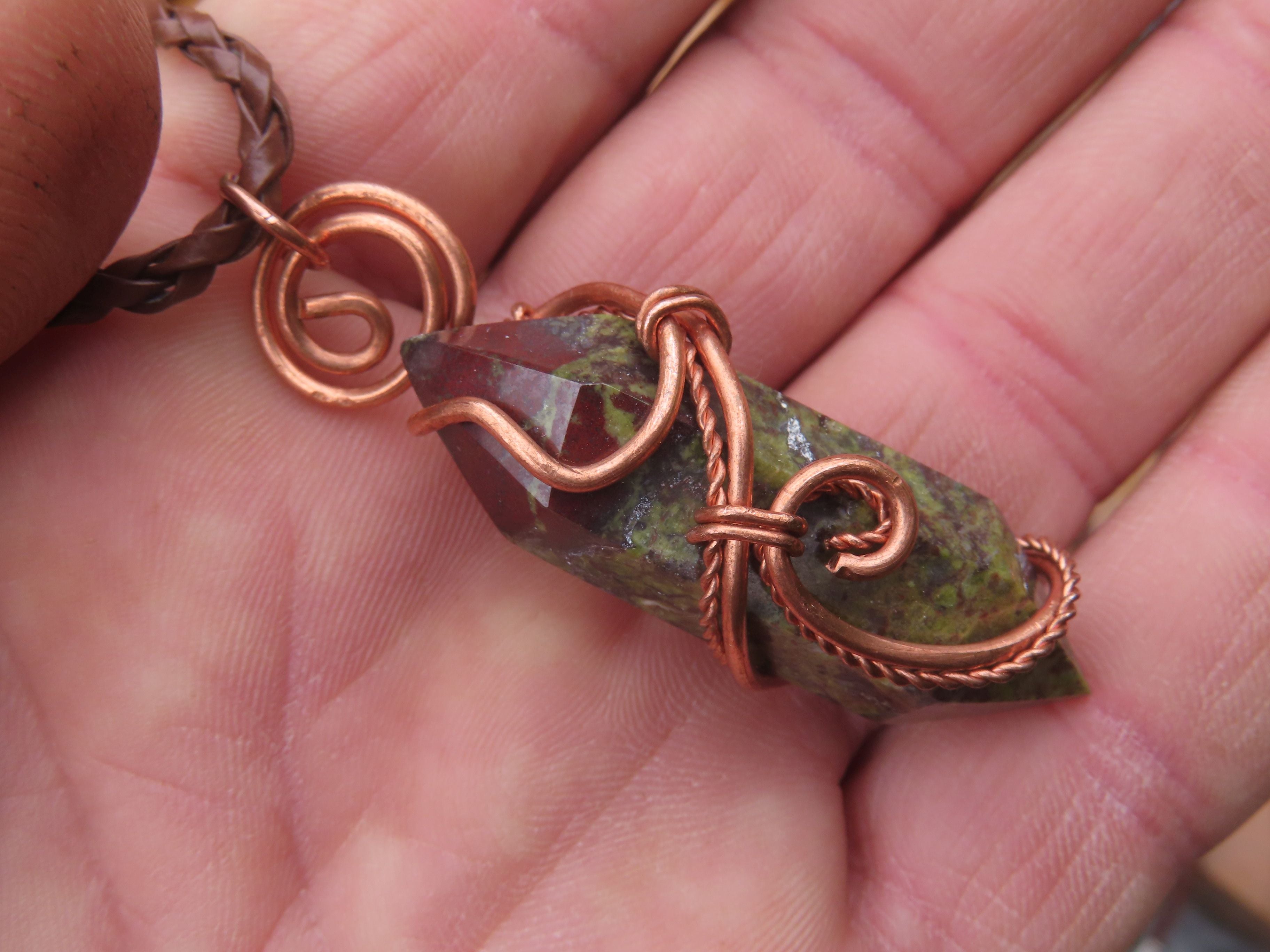 Polished Bastite (Epidote Piemontite) Dragons Blood Stone Crystals Set In Copper Art Wire Wrap Pendant - sold per piece - South Africa - TopRock